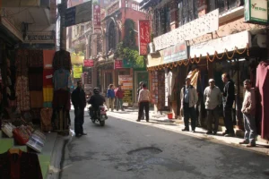 Thamel street in Kathmandu lined with shops and travellers