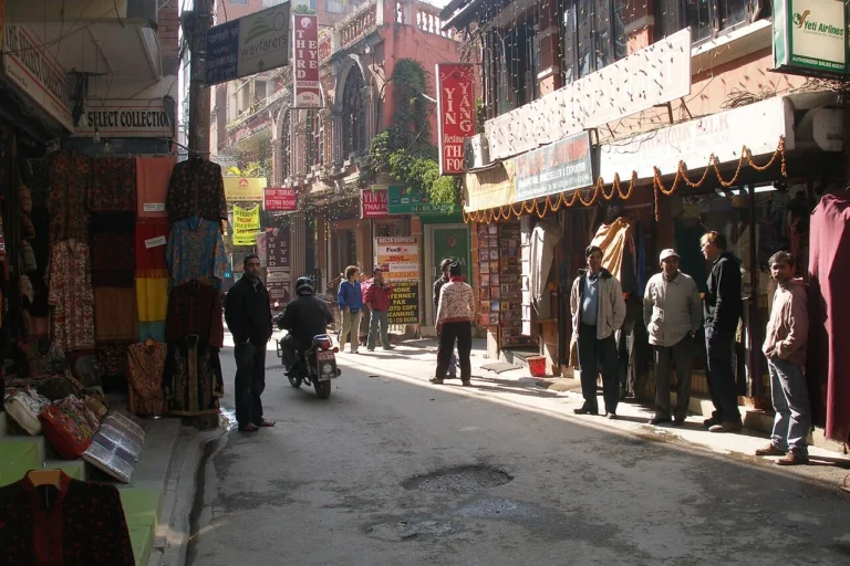 Thamel street in Kathmandu lined with shops and travellers